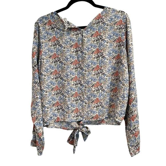 Moral Fiber Blouse Top Shirt Size XL Floral Tie front Ballon Sleeve open slit on - Picture 2 of 11